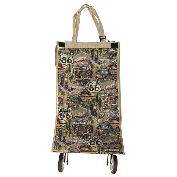Vintage Jade Route 66 Americana Collapsible Rolling Tapestry Tote Bag w/Zipper - Picture 1 of 11